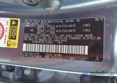 2015 Toyota Highlander Xle V6 z USA, uszkodzony, nr VIN 5TDKKRFH0FS109892